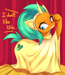 Size: 3200x3700 | Tagged: safe, artist:maren, smolder, dragon, pony, unicorn, g4, horse play, blushing, clothes, costume, cute, dialogue, dragoness, female, high res, pony costume, prosthetic butt, smolderbetes, solo, stage, sweat, sweatdrops