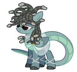 Size: 1864x1737 | Tagged: safe, alternate version, artist:beautifulspaceshow, oc, oc only, oc:stony gaze, original species, pegasus, pony, snake, snake pony, anklet, beauty mark, bracelet, clothes, female, jewelry, mare, markings, medusa, necklace, robe, see-through, simple background, solo, transparent background, unamused, unshorn fetlocks