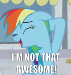 Size: 308x323 | Tagged: safe, edit, edited screencap, screencap, rainbow dash, pony, rarity investigates, animated, bashful, blatant lies, caption, cropped, cute, dashabetes, denial, female, image macro, loop, modesty, out of character, solo, talking, text