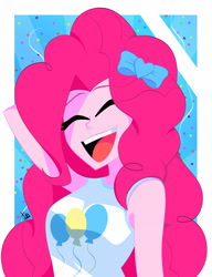 Size: 2448x3186 | Tagged: safe, artist:xan-gelx, pinkie pie, equestria girls, g4, abstract background, arm behind head, bow, confetti, cute, diapinkes, eyes closed, female, hair bow, hairclip, high res, open mouth, simple background, solo