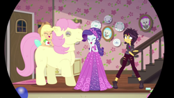 Size: 1920x1080 | Tagged: safe, screencap, applejack, fluttershy, posey, rarity, sunset shimmer, costume conundrum, costume conundrum: applejack, equestria girls, g4, my little pony equestria girls: better together, bow, converse, eyes closed, female, geode of super strength, laughing, magical geodes, pantomime horse, quadsuit, shoes, tail bow, two-person costume, vampire shimmer