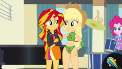 Size: 1920x1080 | Tagged: safe, artist:marcusvanngriffin, edit, edited screencap, screencap, applejack, pinkie pie, sunset shimmer, equestria girls, g4, my little pony equestria girls: rainbow rocks, breasts, busty applejack, female, sunset shimmer's skirt, wrestler