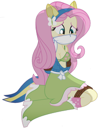 Size: 1320x1714 | Tagged: safe, artist:radiantrealm, edit, fluttershy, equestria girls, g4, background removed, blushing, bondage, boots, boots bondage, bound and gagged, bra, breasts, busty fluttershy, cleavage, cloth gag, clothes, female, femsub, flower pattern underwear, fluttersub, gag, green underwear, over the nose gag, polka dot socks, rope, rope bondage, shoes, simple background, socks, solo, submissive, sweater, tied up, torn clothes, transparent background, underwear, wondercolts uniform