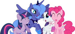 Size: 1753x804 | Tagged: safe, edit, editor:lunarangel, pinkie pie, princess luna, rarity, twilight sparkle, alicorn, earth pony, pony, unicorn, g4, ^^, clothes, cute, eyes closed, female, group, happy, jewelry, lesbian, looking at each other, lunararitwipie, polyamory, quartet, raised hooves, regalia, s1 luna, scarf, ship:lunapie, ship:rarilight, ship:rariluna, ship:raripie, ship:twiluna, ship:twinkie, shipping, shoes, simple background, smiling, spread wings, transparent background, unicorn twilight, vector, wings