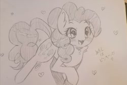Size: 1080x722 | Tagged: safe, artist:ellys.art.gallery, pinkie pie, earth pony, pony, g4, :d, female, japanese, lineart, mare, raised hoof, smiling, solo, traditional art