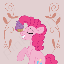 Size: 4000x4000 | Tagged: safe, artist:pink-pone, pinkie pie, earth pony, pony, g4, abstract background, balancing, chest fluff, cupcake, eyes closed, female, food, grin, mare, ponies balancing stuff on their nose, raised hoof, smiling