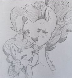 Size: 1897x2048 | Tagged: safe, artist:ellys.art.gallery, li'l cheese, pinkie pie, earth pony, pony, g4, the last problem, :d, bust, cute, duo, duo female, female, filly, lineart, mare, mother and child, mother and daughter, older, older pinkie pie, open mouth, signature, smiling, traditional art