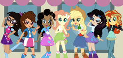 Size: 3000x1424 | Tagged: safe, artist:small-brooke1998, applejack, fluttershy, pinkie pie, rainbow dash, rarity, sci-twi, sunset shimmer, twilight sparkle, equestria girls, g4, base used, clothes, female, glasses, group, happy, human coloration, humane five, humane seven, humane six, jacket, leggings, natural hair color, open mouth, shirt, shoes, skirt, smiling, socks, t-shirt, tank top, waving, wristband