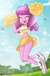 Size: 632x953 | Tagged: safe, artist:charliexe, cheerilee, bird, seagull, equestria girls, adorasexy, belly button, cheeribetes, cheerileeder, cheerleader, clothes, cute, eyes closed, female, legs, open mouth, pom pom, schrödinger's pantsu, sexy, shoes, skirt, socks, solo, thighs