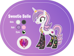 Size: 1400x1068 | Tagged: safe, artist:n0kkun, sweetie belle, pony, unicorn, g4, alternate hairstyle, bedroom eyes, commission, cute, cutie mark, diasweetes, ear piercing, earring, eyeshadow, female, headcanon, horn, horn ring, jewelry, lipstick, makeup, mare, older, older sweetie belle, piercing, purple background, reference sheet, ring, simple background, solo, tattoo, the cmc's cutie marks, transparent background