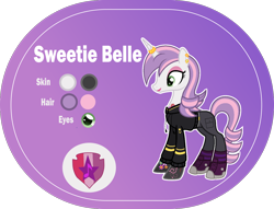 Size: 1400x1068 | Tagged: safe, artist:n0kkun, sweetie belle, pony, unicorn, g4, alternate hairstyle, bedroom eyes, belt, boots, clothes, commission, converse, cute, cutie mark, diasweetes, ear piercing, earring, eyeshadow, female, headcanon, hoodie, horn, horn ring, jeans, jewelry, lipstick, makeup, mare, older, older sweetie belle, pants, piercing, purple background, reference sheet, ring, shoes, simple background, socks, solo, striped socks, sweatshirt, tattoo, the cmc's cutie marks, transparent background