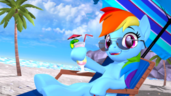 Size: 3840x2160 | Tagged: safe, artist:owlpirate, rainbow dash, pegasus, pony, g4, 3d, beach, beach chair, beach umbrella, chair, cloud, cocktail, cute, drink, drinking straw, female, high res, looking at you, mare, ocean, palm tree, solo, source filmmaker, straw, sunglasses, tree, umbrella