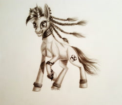 Size: 3278x2810 | Tagged: safe, artist:cahandariella, oc, oc only, oc:snowi, pony, unicorn, black and white, bracelet, braid, ear piercing, earring, eyelashes, eyes open, female, golden ring, grayscale, high res, hooves, horn, jewelry, mare, monochrome, pencil drawing, piercing, smiling, solo, studs, traditional art, zebra style