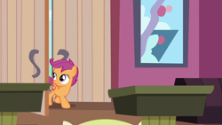 Size: 1920x1080 | Tagged: safe, screencap, scootaloo, pegasus, pony, g4, the big mac question, door, female, filly, foal, solo, spread wings, table, walking, wings