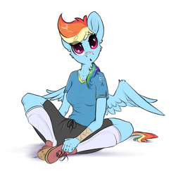 Size: 2048x2048 | Tagged: safe, artist:skitsroom, rainbow dash, pegasus, anthro, plantigrade anthro, g4, bandaid, bandaid on nose, clothes, eyebrows, eyebrows visible through hair, female, high res, open mouth, shoes, shorts, simple background, sitting, socks, solo, white background