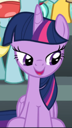Size: 445x796 | Tagged: safe, screencap, ocellus, twilight sparkle, alicorn, changedling, changeling, pony, g4, cropped, female, lidded eyes, open mouth, smiling, solo, theme song, twilight sparkle (alicorn)
