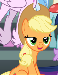 Size: 639x822 | Tagged: safe, screencap, applejack, ocellus, silverstream, changedling, changeling, classical hippogriff, earth pony, hippogriff, pony, g4, season 8, cropped, female, lidded eyes, open mouth, sitting, smiling, solo, theme song