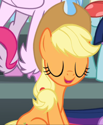Size: 656x791 | Tagged: safe, screencap, applejack, ocellus, pinkie pie, silverstream, earth pony, pony, g4, season 8, cropped, eyes closed, female, open mouth, sitting, smiling, solo focus, theme song
