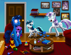 Size: 3300x2550 | Tagged: safe, artist:jac59col, night light, shining armor, smarty pants, twilight sparkle, twilight velvet, pony, unicorn, g4, abacus, angry, baby, baby bottle, baby pony, babylight sparkle, bloodshot eyes, book, bookshelf, broken glass, broken vase, brother and sister, clothes, coco bandicoot, colt, colt shining armor, cosplay, costume, crash bandicoot (series), crying, crylight sparkle, diaper, family, father and child, father and daughter, female, filly, foal, high res, imminent spanking, last resort, male, mare, mother and child, mother and son, mud, pacifier, papa roach, parent and child, parenting, picture frame, red eyes, siblings, sleepy, stallion, time paradox, toy, vase, winnie the pooh, younger