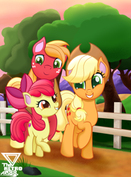 Size: 2600x3496 | Tagged: safe, artist:theretroart88, apple bloom, applejack, big macintosh, earth pony, pony, g4, adorabloom, apple siblings, apple sisters, applebetes, brother and sister, cute, female, fence, filly, freckles, high res, jackabetes, macabetes, male, raised hoof, rock, siblings, sisters, stallion, sunset, sweet dreams fuel, tree