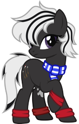 Size: 1510x2359 | Tagged: safe, artist:lightning stripe, derpibooru exclusive, oc, oc only, oc:katyusha, earth pony, pony, g4, black and white mane, black coat, clothes, commission, cutie mark, female, hair over one eye, mare, purple eyes, scarf, show accurate, simple background, solo, striped scarf, transparent background, vector, white hair, white mane, wristband