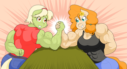 Size: 3613x1985 | Tagged: safe, artist:matchstickman, granny smith, pear butter, earth pony, anthro, g4, arm wrestling, breasts, busty pear butter, clothes, digital art, female, granny smash, grin, gritted teeth, matchstickman's pear buffer series, muscles, muscular female, pear buffer, smiling, sweat, vein, vein bulge, young granny smith, younger