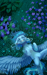 Size: 1589x2493 | Tagged: safe, artist:teaflower300, oc, oc only, pegasus, pony, chest fluff, eyes closed, floppy ears, flower, happy, hooves to the chest, lying, lying down, lying in grass, on back, solo