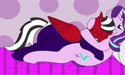 Size: 1280x772 | Tagged: safe, artist:small-brooke1998, starlight glimmer, oc, pegasus, pony, unicorn, g4, adult foal, cuddling, diaper, diaper fetish, eyes closed, fetish, footed sleeper, mommy, non-baby in diaper, ponified, poofy diaper, shatter (transformers), sleeping, transformers
