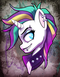 Size: 1078x1394 | Tagged: safe, artist:zombieapple224, rarity, pony, unicorn, g4, abstract background, alternate hairstyle, bust, chest fluff, clothes, ear piercing, eyebrow piercing, eyebrow slit, eyebrows, female, grin, lip piercing, looking back, mare, piercing, portrait, punk, raripunk, smiling, solo