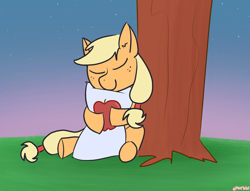 Size: 2163x1652 | Tagged: safe, artist:purblehoers, applejack, earth pony, pony, g4, apple, body pillow, evening, female, grass, happy, love, pillow hug, sky, smiling, solo, stars, that pony sure does love apples, tree