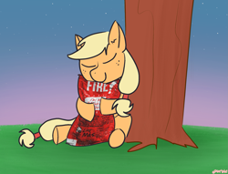 Size: 2163x1652 | Tagged: safe, artist:purblehoers, edit, applejack, earth pony, pony, g4, applesauce, body pillow, evening, female, food, grass, happy, hot sauce, pillow hug, sauce, sky, smiling, solo, stars, taco bell, tree