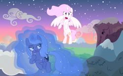 Size: 2274x1398 | Tagged: safe, artist:stellamoonshineyt, princess celestia, princess luna, alicorn, pony, unicorn, g4, duo, flying, levitation, magic, pink-mane celestia, s1 luna, self-levitation, telekinesis, unicorn luna