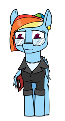 Size: 645x1200 | Tagged: safe, artist:dacaoo, rainbow dash, pegasus, pony, g4, alternate hairstyle, clipboard, clothes, ear piercing, earring, egghead, egghead dash, female, glasses, jewelry, piercing, simple background, solo, white background