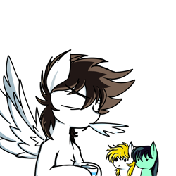 Size: 1500x1500 | Tagged: safe, artist:ktk's sky, earth pony, pegasus, pony, cup, hyoga, male, saint seiya, seiya, shiryu, spit take, spray, spread wings, surprised, water, wingboner, wings