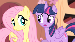 Size: 1280x720 | Tagged: safe, screencap, fluttershy, twilight sparkle, alicorn, pegasus, pony, bats!, g4, duo, female, golden oaks library, mare, raised eyebrow, twilight sparkle (alicorn)