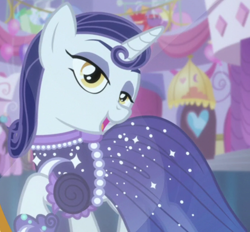 Size: 1290x1195 | Tagged: safe, screencap, lily love, moonlight raven, pony, unicorn, canterlot boutique, g4, background pony, clothes, cropped, dress, female, lidded eyes, mare, mirror, over the moon, puffy sleeves, shoes, smiling, solo focus, when she smiles