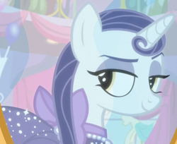 Size: 1376x1125 | Tagged: safe, screencap, moonlight raven, pony, unicorn, canterlot boutique, g4, clothes, cropped, dress, female, lidded eyes, mare, mirror, over the moon, smiling, solo, when she smiles