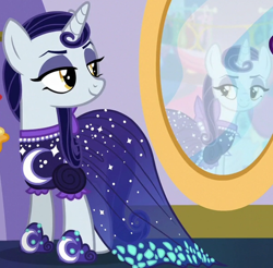 Size: 1220x1199 | Tagged: safe, screencap, moonlight raven, pony, unicorn, canterlot boutique, g4, clothes, cropped, dress, female, lidded eyes, mare, mirror, over the moon, puffy sleeves, reflection, smiling, solo, when she smiles
