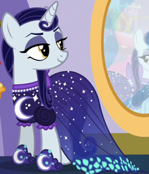 Size: 1020x1193 | Tagged: safe, screencap, moonlight raven, pony, unicorn, canterlot boutique, g4, clothes, cropped, dress, female, lidded eyes, mare, mirror, over the moon, puffy sleeves, smiling, solo, when she smiles