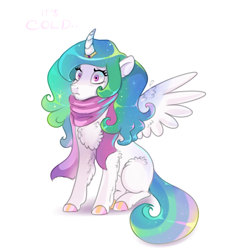 Size: 4000x4200 | Tagged: safe, artist:mylittlegodzilla, princess celestia, alicorn, pony, g4, chest fluff, clothes, colored hooves, cute, cutelestia, female, mare, missing accessory, missing cutie mark, scarf, simple background, sitting, solo, text, white background, wings