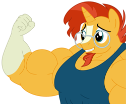 Size: 1305x1084 | Tagged: safe, alternate version, artist:urkel, sunburst, unicorn, anthro, g4, biceps, clothes, fetish, flexing, glasses, gunburst, male, muscle fetish, muscles, muscular male, overdeveloped muscles, simple background, smiling, solo, tank top, white background