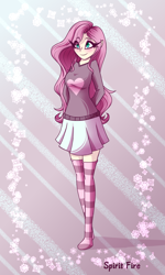 Size: 1200x2000 | Tagged: safe, artist:celes-969, fluttershy, human, g4, arm behind back, blushing, clothes, cute, eye clipping through hair, eyebrows, eyebrows visible through hair, eyelashes, female, hands behind back, heart, humanized, shyabetes, skirt, socks, solo, stocking feet, stockings, striped socks, thigh highs, zettai ryouiki
