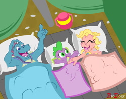 Size: 1280x1014 | Tagged: safe, artist:brodogz, spike, dragon, g4, baby, baby dragon, camping, cassie (dragon tales), crossover, cute, dragon tales, dragoness, female, male, ord, pillow, spikabetes, trio, wingless spike