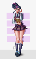 Size: 3040x4960 | Tagged: safe, artist:beamsaber, daring do, sci-twi, twilight sparkle, pegasus, pony, equestria girls, g4, alternate hairstyle, blushing, book, clothes, crystal prep academy uniform, female, flats, glasses, human coloration, necktie, open mouth, plaid skirt, pleated skirt, school uniform, shirt, shoes, skirt, socks, solo, vest