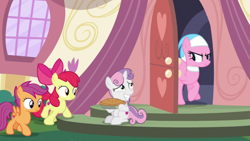 Size: 1920x1080 | Tagged: safe, screencap, aloe, apple bloom, scootaloo, sweetie belle, g4, the big mac question, cutie mark, cutie mark crusaders, food, pie, sheepish grin, the cmc's cutie marks, unamused