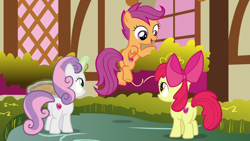 Size: 1920x1080 | Tagged: safe, screencap, apple bloom, scootaloo, sweetie belle, g4, the big mac question, butt, cutie mark, cutie mark crusaders, food, pie, plot, the cmc's cutie marks