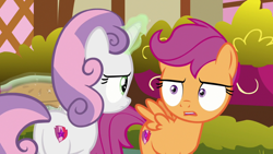 Size: 1920x1080 | Tagged: safe, screencap, scootaloo, sweetie belle, g4, the big mac question, annoyed, food, looking at each other, open mouth, pie, shocked