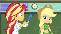 Size: 1280x720 | Tagged: safe, artist:marcusvanngriffin, edit, edited screencap, screencap, applejack, sunset shimmer, equestria girls, g4, my little pony equestria girls: friendship games, the science of magic, belly button, clothes, female, gloves, lab coat, rubber gloves, sunset the science gal, wrestler