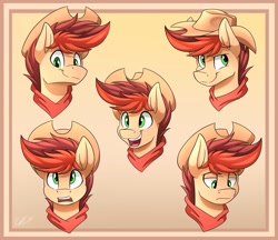 Size: 2048x1768 | Tagged: safe, artist:kaylerustone, oc, oc only, oc:kayle rustone, pony, bust, cowboy hat, expressions, frown, hat, male, portrait, smiling, stallion