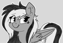 Size: 943x641 | Tagged: safe, artist:heretichesh, oc, oc only, oc:burning shadow, pegasus, pony, :t, ear piercing, earring, fangs, female, jewelry, mare, monochrome, piercing, smiling, solo